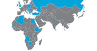 World map in grey with blue highlights represent Interights work